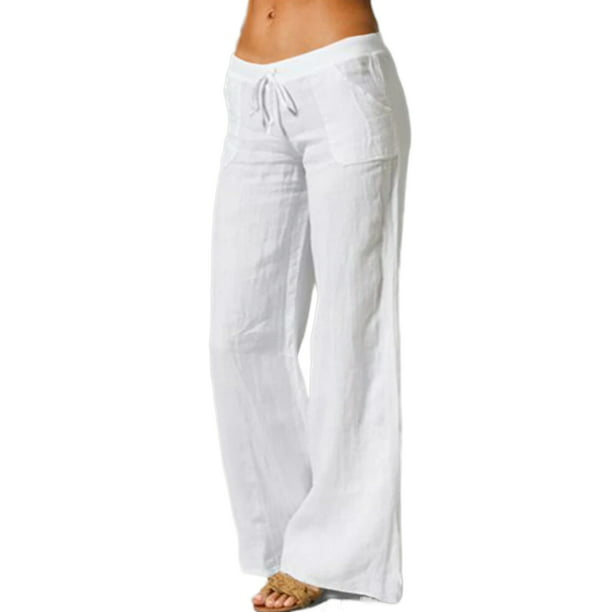 Womens Cotton Linen Casual Baggy Long Trousers Elastic High Waist Wide Leg Pants